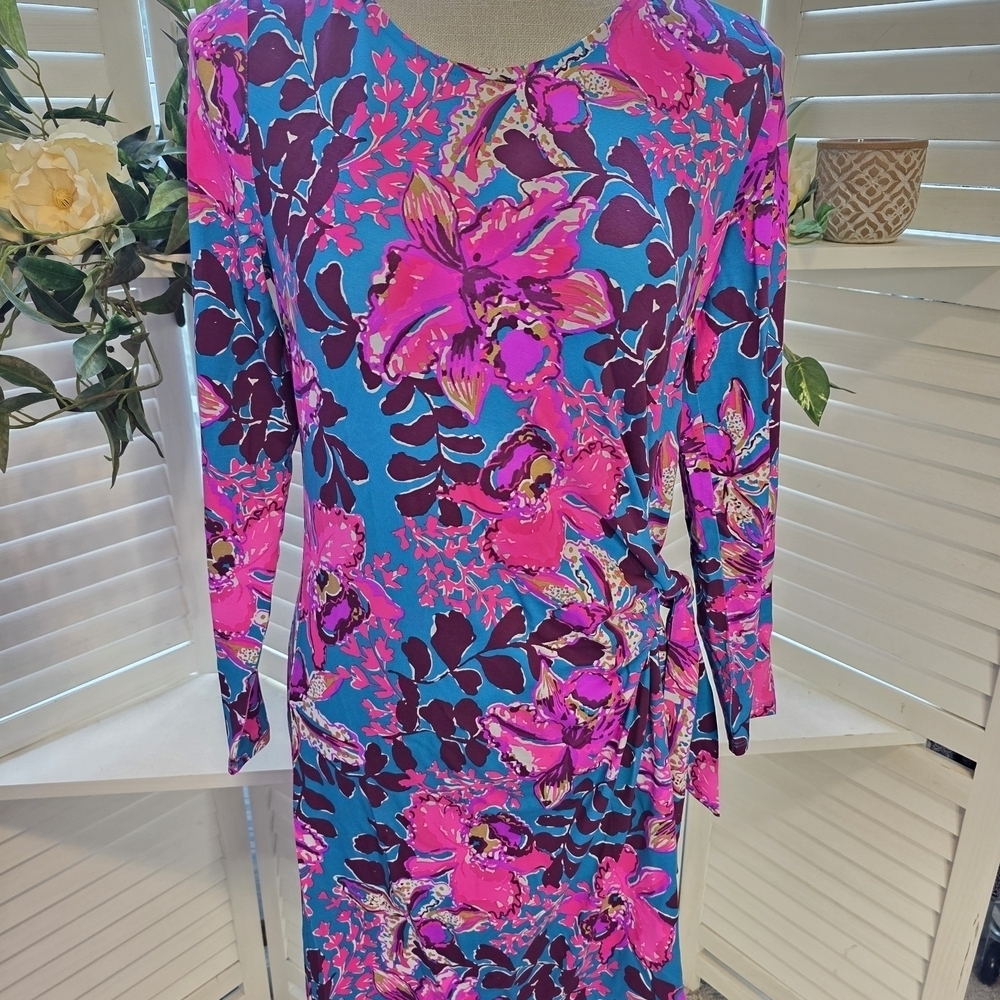 Lilly Pulitzer Vibrant Pink and Blue Floral Dress MED 1374